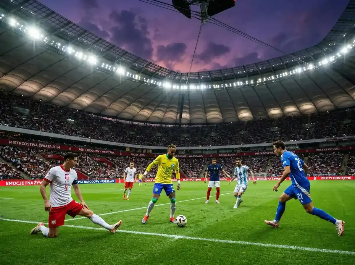 Piłkarze reprezentacji narodowych na boisku podczas rozgrzewki przed meczem Mundialu