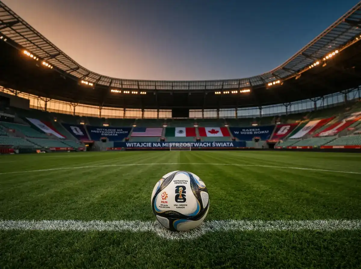 Mistrzostwa Świata 2026 — stadiony i piłka na tle flagi turniejowej
