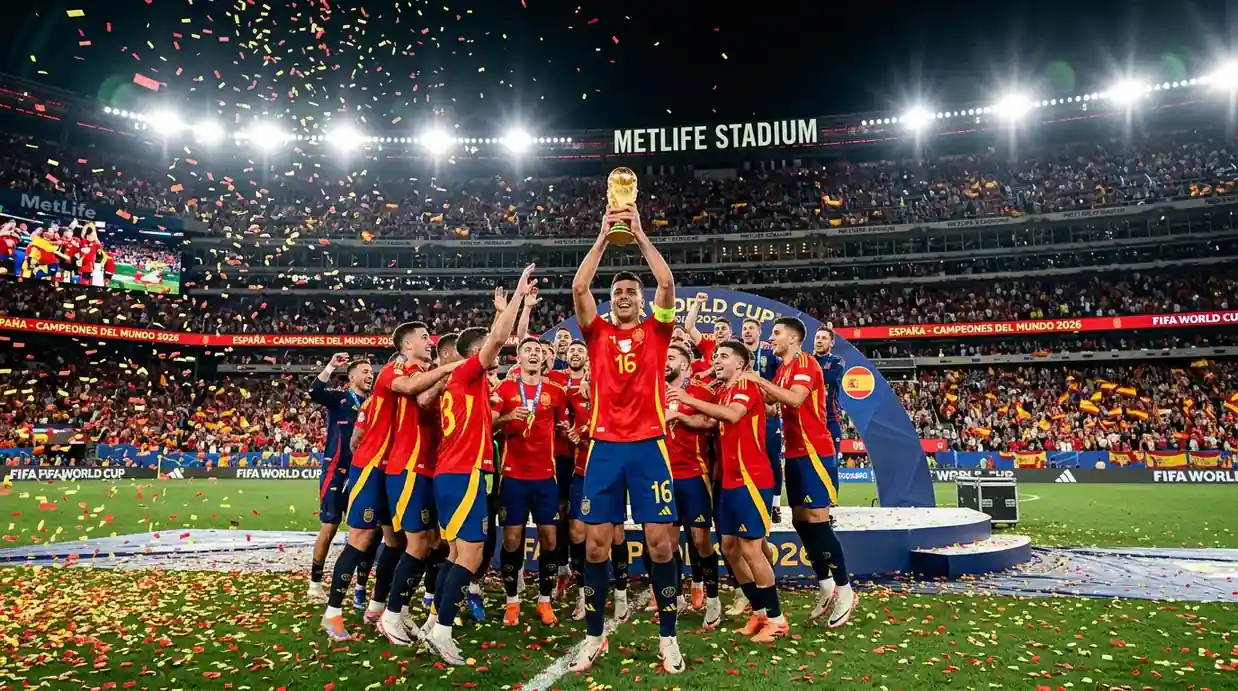 Hiszpańscy piłkarze świętują z Pucharem Świata na MetLife Stadium