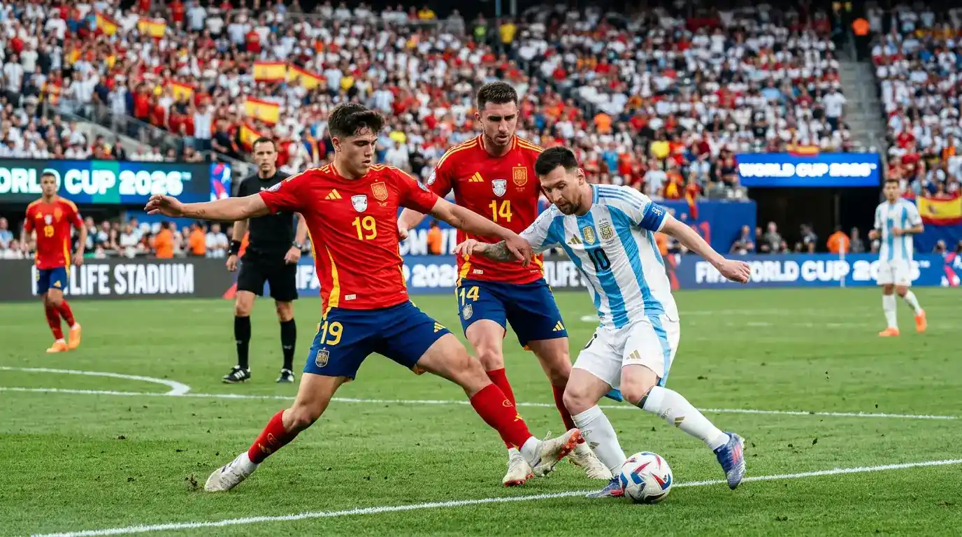 Hiszpańska defensywa blokuje atak Argentyny w finale Mundialu 2026
