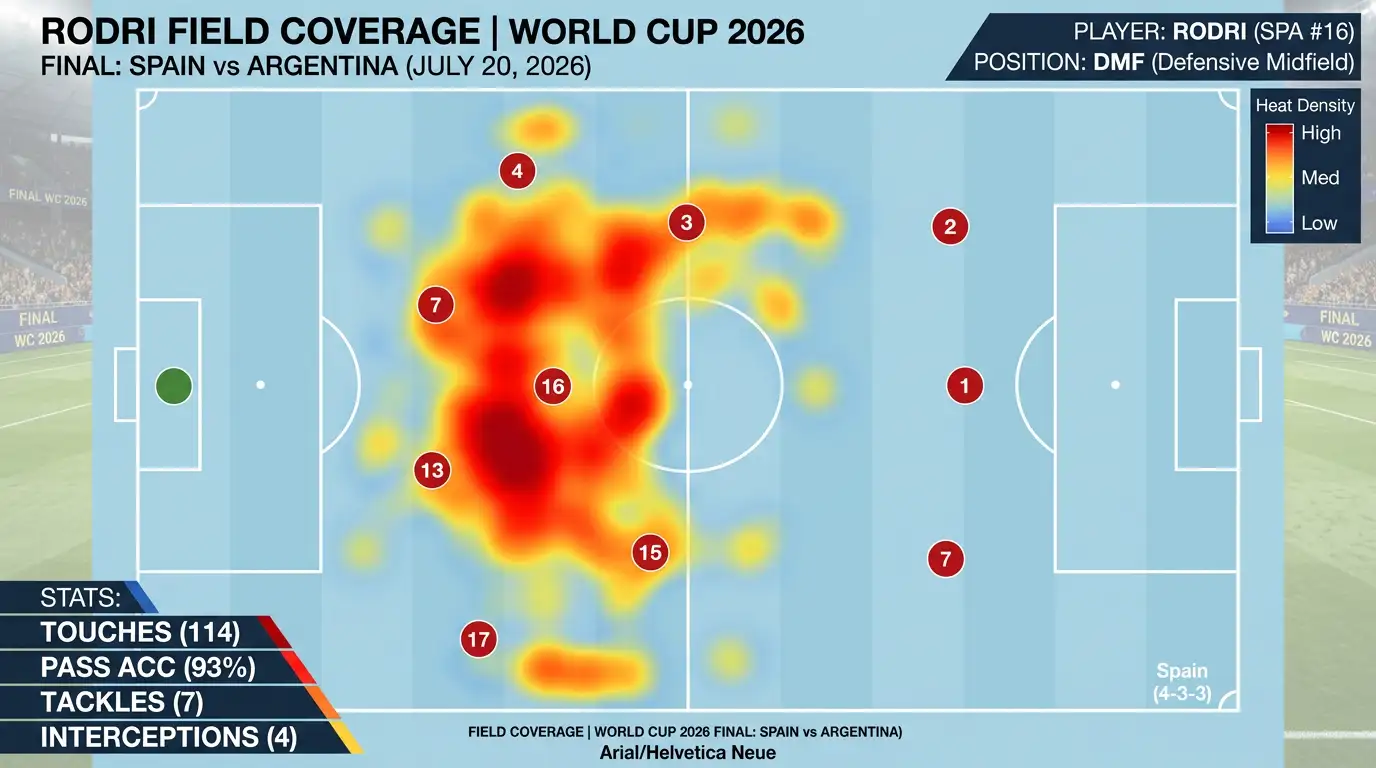 Heatmapa Rodriego w finale — wszędzie, gdzie była piłka