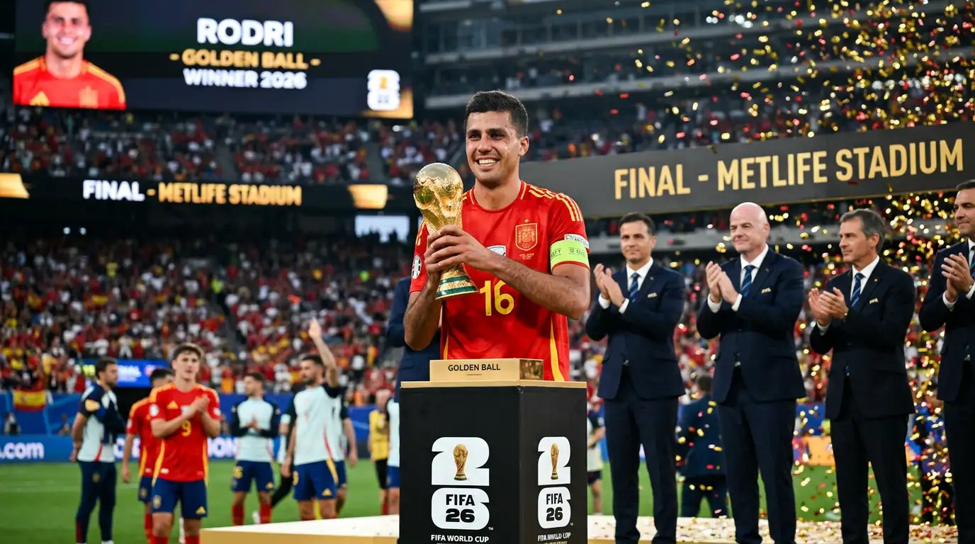 Rodri podnosi Złotą Piłkę Mundialu 2026 na podium w MetLife Stadium