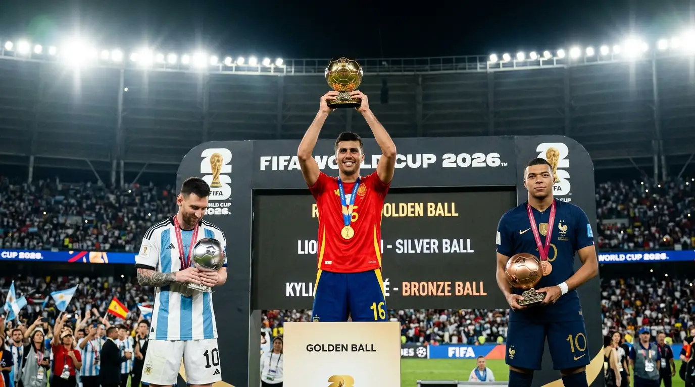 Podium nagród indywidualnych Mundialu 2026 z Rodrim, Messim i Mbappé