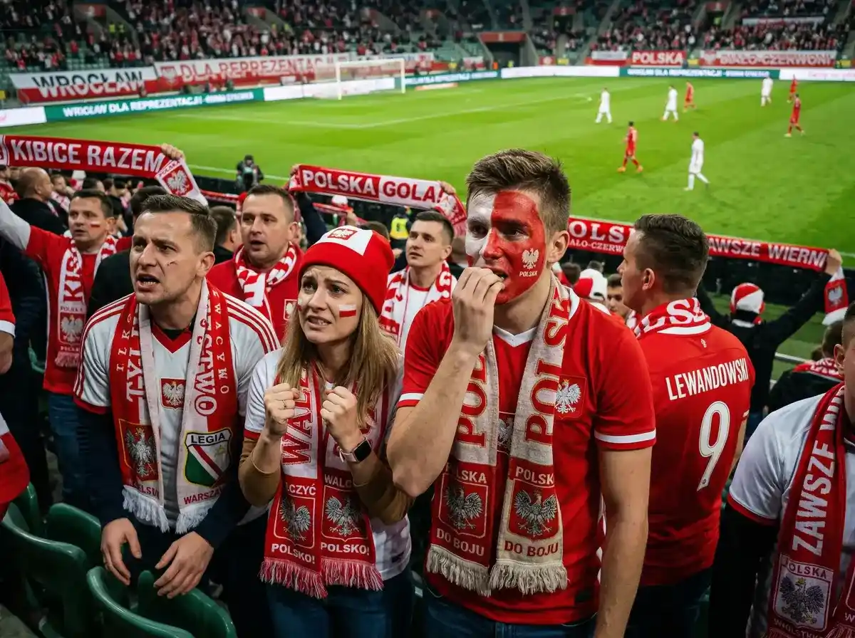 Polscy kibice na trybunach podczas meczu eliminacyjnego reprezentacji Polski